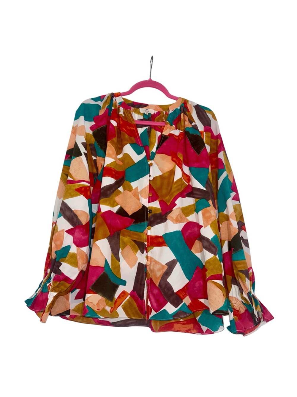 ENTRO- Abstract Multi-Color Button-Front Flowy Blouse- NWOT- FITS LIKE A MED/LRG